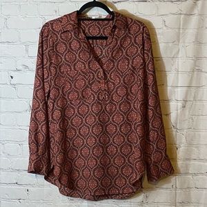 Pleione Long Sleeve Orange Geometric Blouse